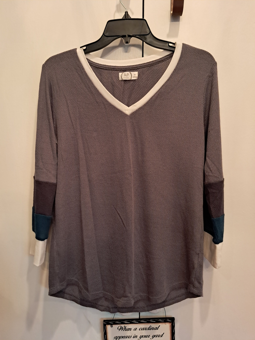 Pullover V-Neck Ribbed Top in Gray with Contrast Cuffs